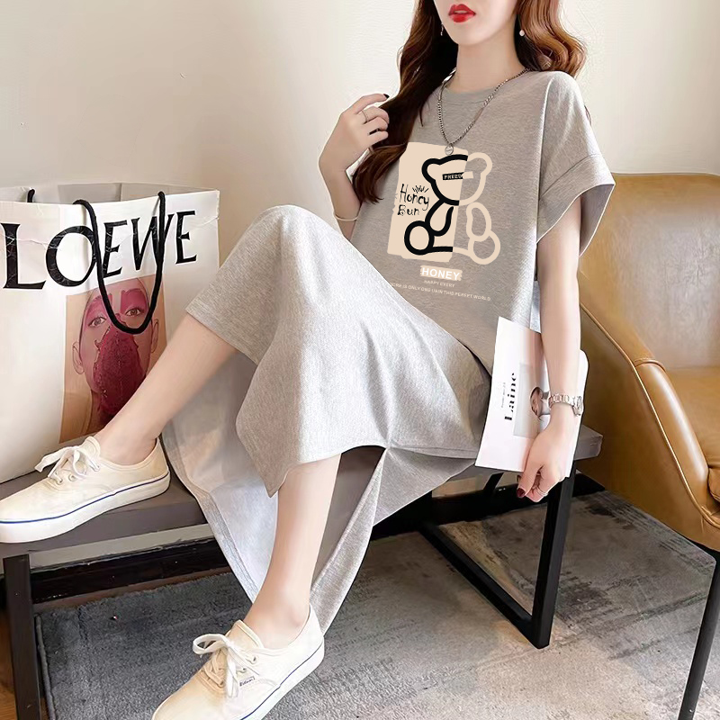 慵懒风短袖t恤裙女夏季休闲宽松过膝长裙纯棉长款连衣裙大码女装